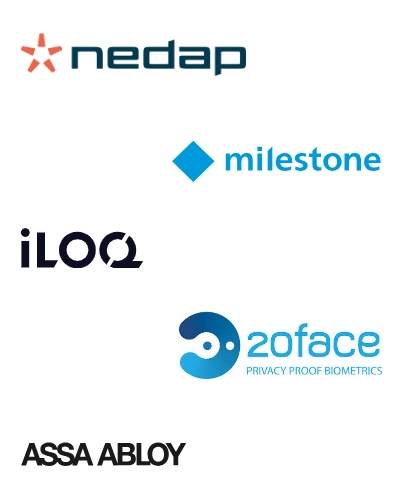 Logo's van de parners van Lamson Security Systems: Nedap, Milestone, iLOQ, 20face en Assa Abbloy